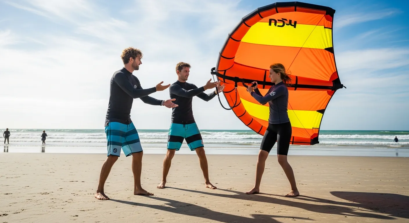 A group of beginners learning to handle their wing on the beach during a wing foil course
