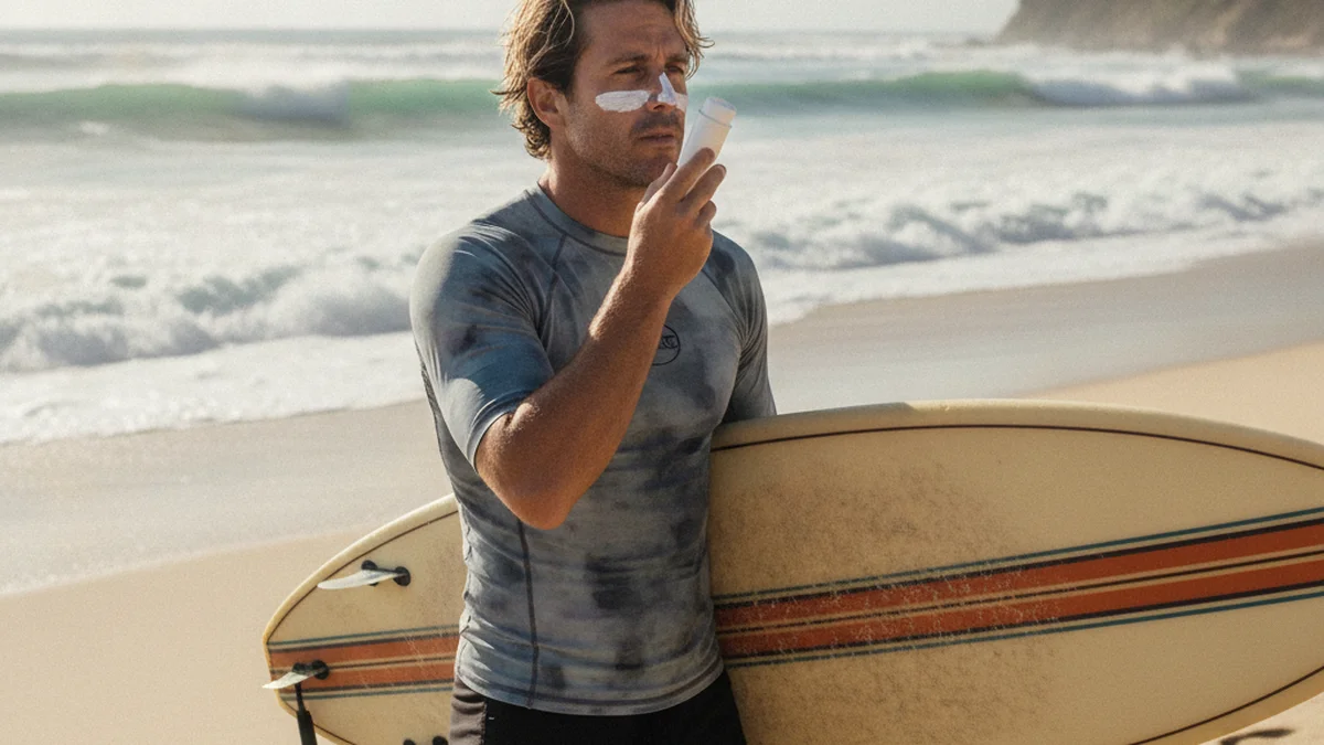 Surfeur appliquant un stick de crème solaire sur son visage avant une session, planche sous le bras