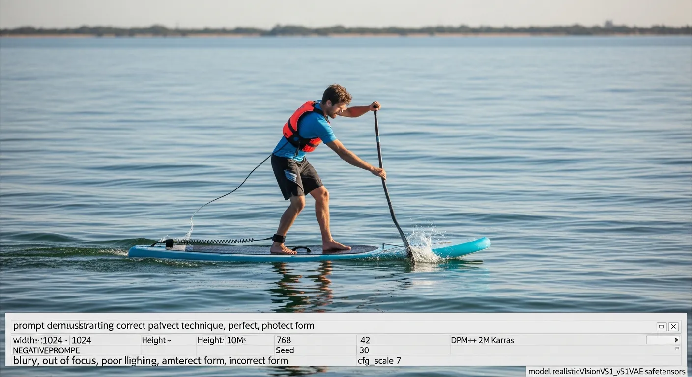 A paddleboarder demonstrating a clean forward stroke on calm water at sunrise