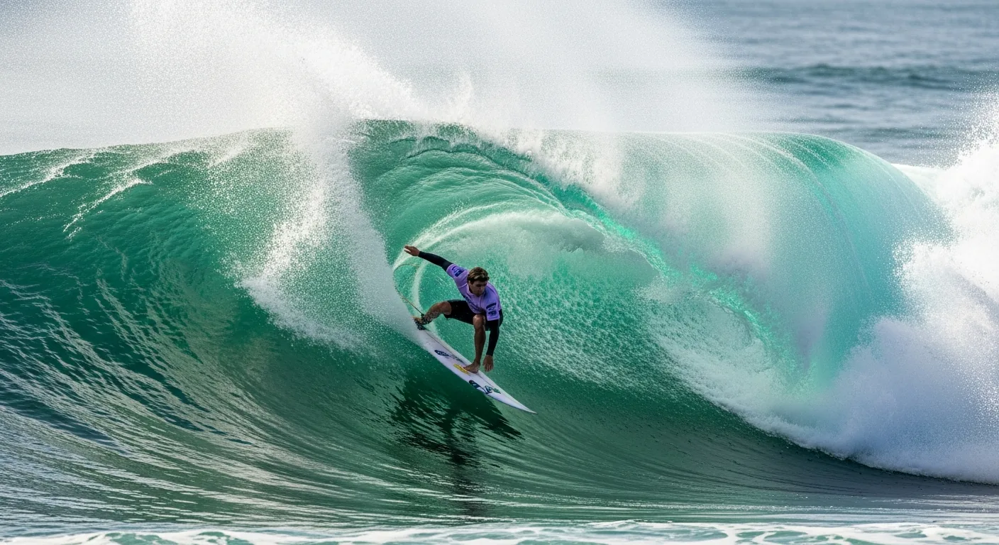 A surfer setting a clean bottom turn on the face of a wave
