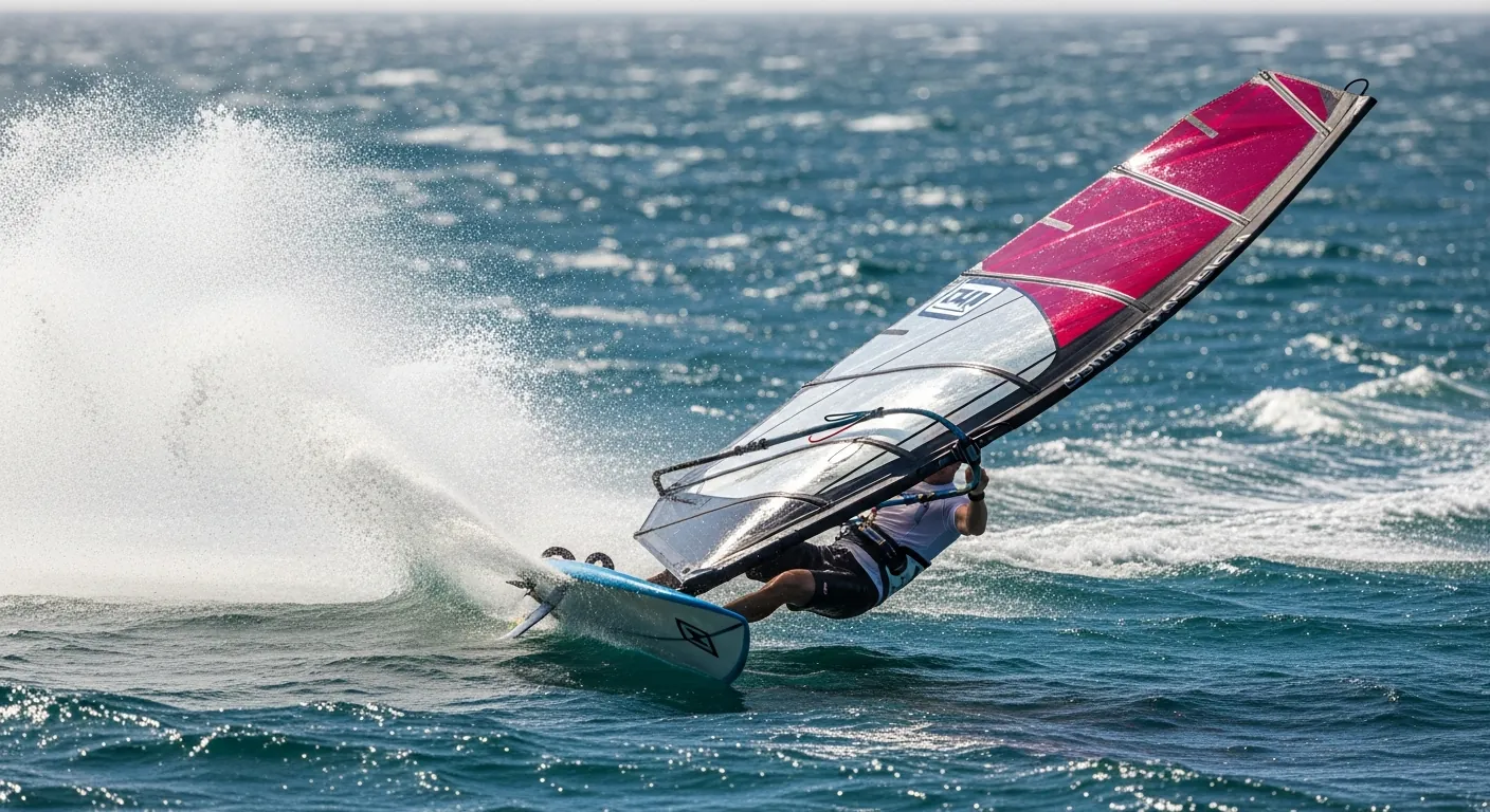 A windsurfer carving a tack across flat water