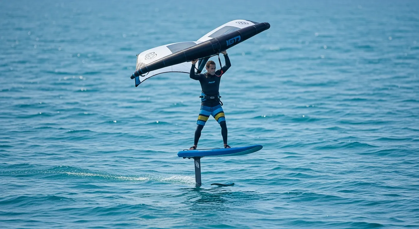 A wing foiler in stable flight above the water, wing held at 45 degrees