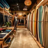 Tienda de surf con tablas expuestas
