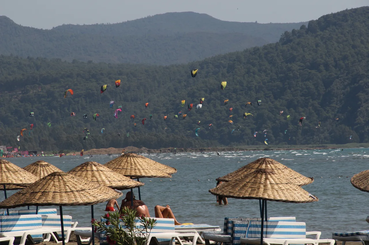 Dozens of kites over Gökova Bay at Akyaka, seen from a beach with parasols, wooded hills behind