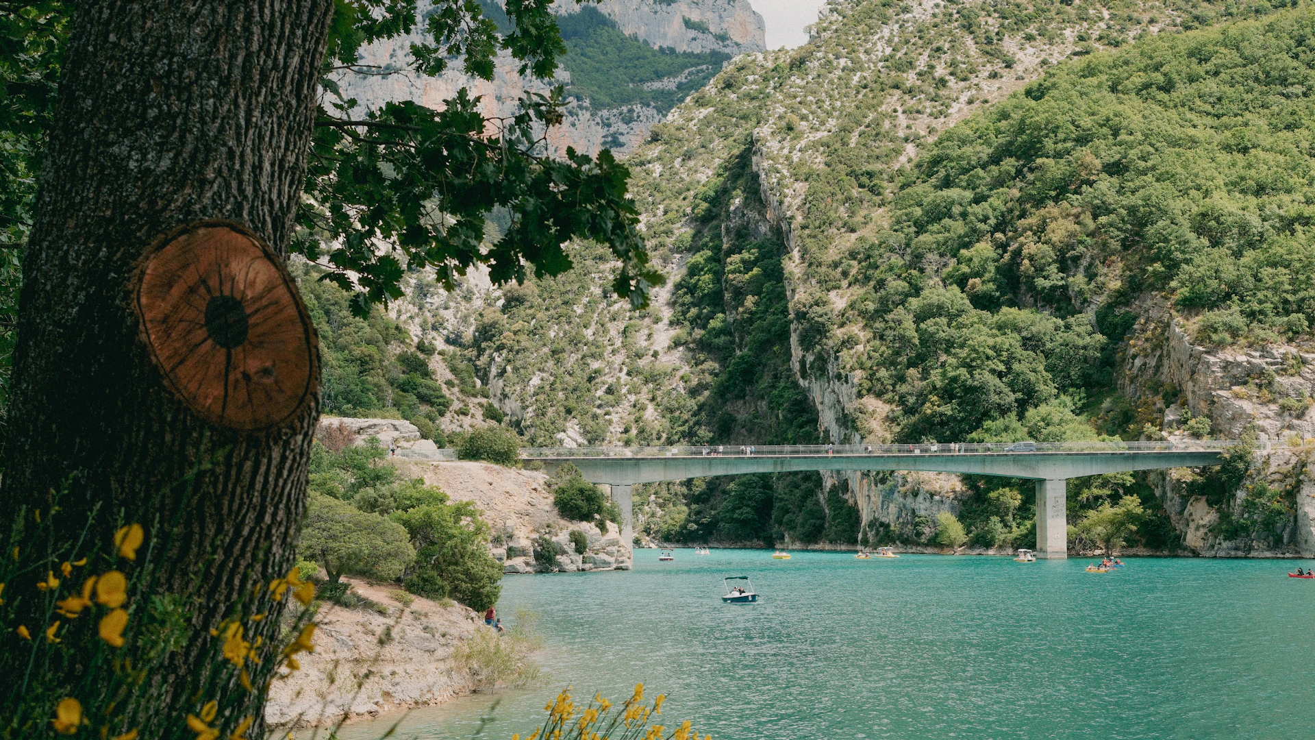Pont enjambant les eaux turquoise à l'entrée des gorges du Verdon, au bord du lac de Sainte-Croix