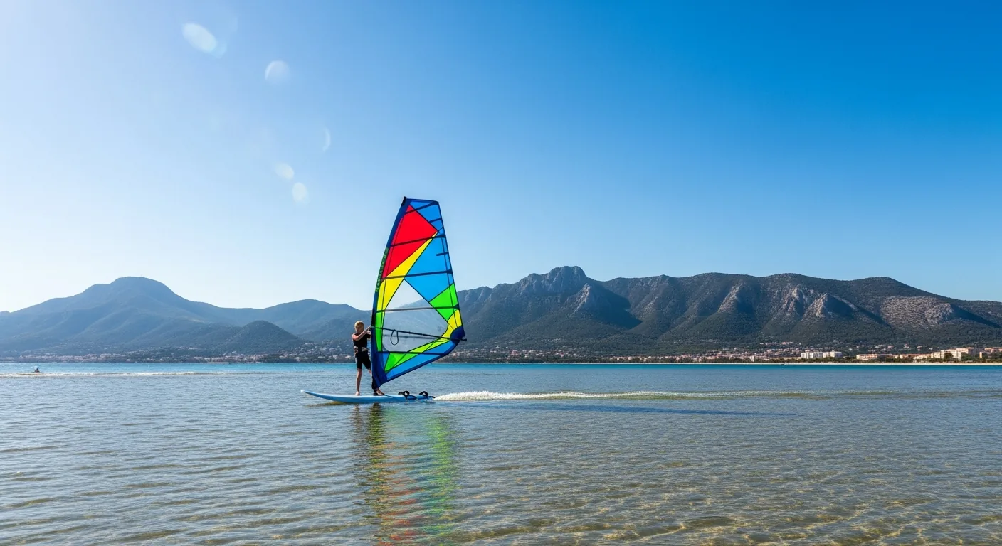 A beginner windsurfer learning to uphaul the sail on a shallow-water beach