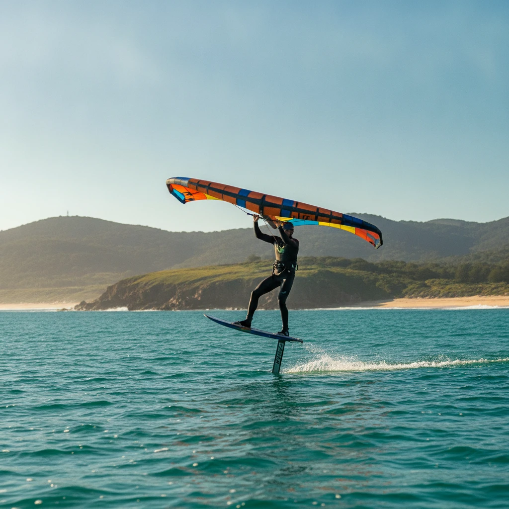 Rider en wing foil au-dessus de l'eau