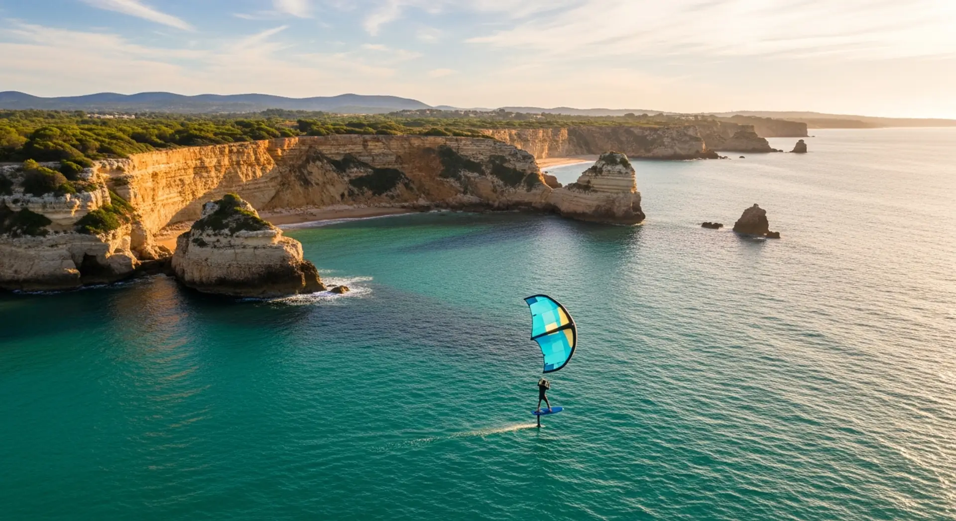 A wing foiler flying above the water holding an inflatable wing